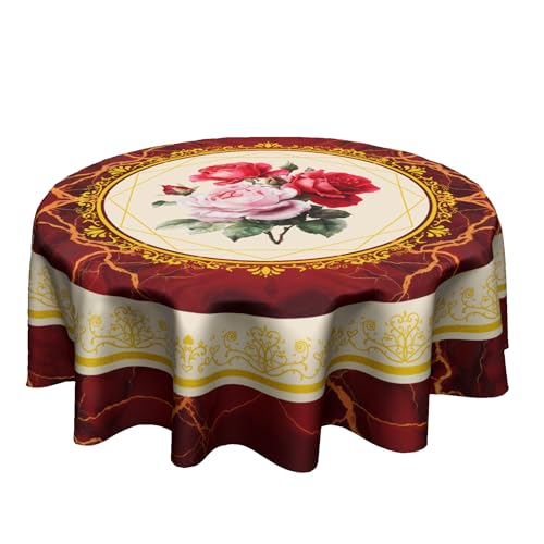 Granbey Vintage Valentine Tablecloth - Pink and Red Hearts Table Cover Round 60 Inch Romantic Roses Flowers Table Coth for Kitchen Dining Indoor Buffet Tabletop Decoration