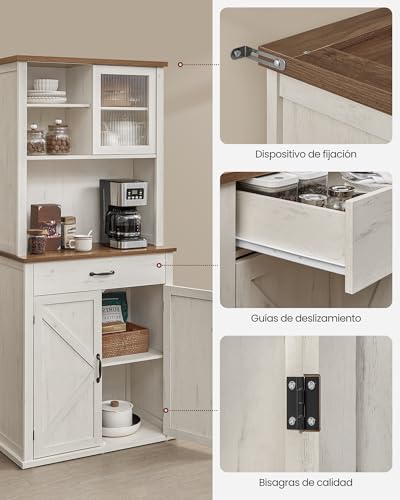 VASAGLE Armario con Luces y Cargador, Armario de Cocina, con Puertas y Cajones, 39,5 x 80,4 x 180,6 cm, Estantes Ajustables, Estilo Rústico, Blanco Rústico y Marrón Miel BBK363W22