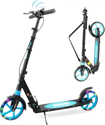 Scooter for Kids Ages 8+ Teens & Adults, Lightweight Kick Scooter with Carry Strap Adjustable Height Equipped with Front handbrake and Rear Brake, Big Sturdy PU Flash Wheels Great Gift & Toy (Black)