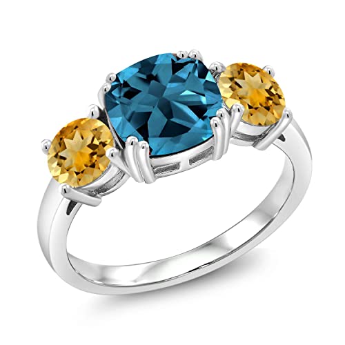 Gem Stone King 925 Sterling Silver London Blue Topaz and Yellow Citrine 3 Stone Engagement Ring For Women (4.10 Cttw, Gemstone November Birthstone, Cushion 8MM, Available in Size 5,6,7,8,9)