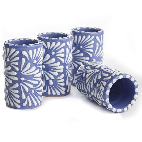 Image of Talavera Shot Glasses Set of 4 Authentic Mexican Tequila Shot Glasses - Hand-painted - 2 Oz (White Brushstroke Blue Background)