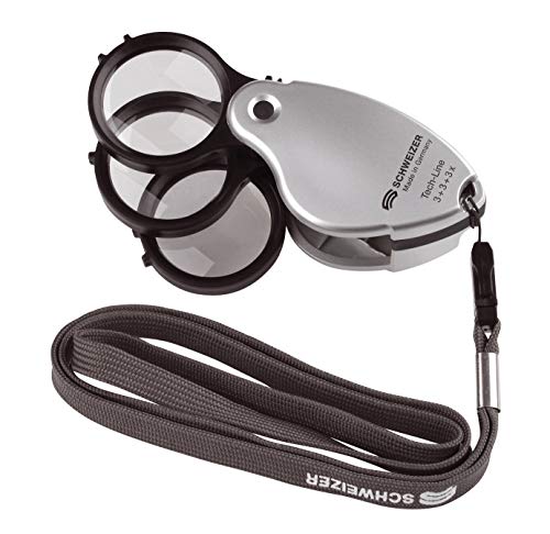 Pocket Magnifier, High-Precision Folding Loupe, Made in Germany, 3 Powers (3X, 6X, 9X), 3 Silicate Glass Lenses 1.5