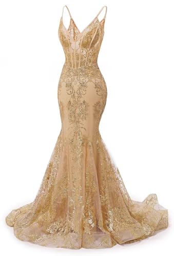 Raseal Women's Spaghetti Straps Tulle Prom Dresses Long Appliques Lace Glitter Mermaid Evening Party Dress RS082