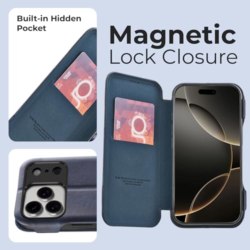 Image of PULOKA Premium Leather Flip Cover Compatible with iPhone 17 Pro Max - Slim Magnetic Lock Wallet Case with Card Slot, Shockproof TPU Inner, Full Body Protection & Raised Camera Guard (Blue)