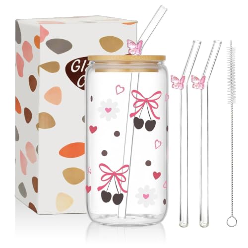 COEWUR Iced Coffee Cups Set, 16 oz Bow Glass Cups with Lids and Straws