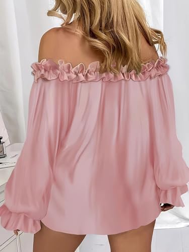 Women's Dressy Casual Off The Shoulder Tops Trendy Solid Color Puff Long Sleeve Loose Fit Ruffle Blouses Shirts3