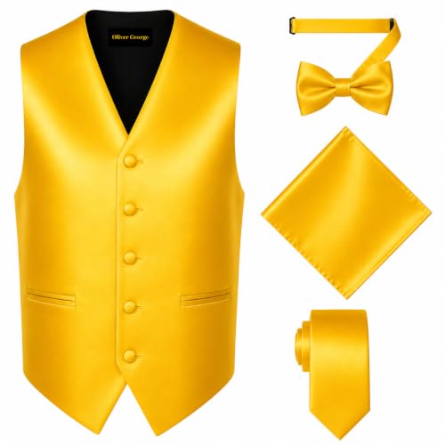 Image of Oliver George 4pc Men's Solid Formal Suit Waistcoat Tuxedo Dress Vest Necktie Bowtie Handkerchief Set for Suit or Tuxedo