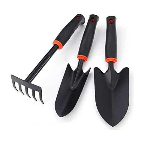 PracticalONE Garden Tool Set, 3 Piece Durable Gardening Hand Tool Kit with TPR Handle (1 Trowel, 1 Transplant and 1 Cultivator Hand Rake), Gift Set for Gardening Lovers - Black Cover