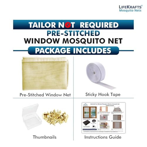Image of Lifekrafts Standard Size Window Mosquito Net (Size-60x130cms /24x51 Inches /1.97x4.27 Feet, Color-Beige) 120 GSM Stitched Fiberglass Net with Strong Hook & Loop Adhesive Tape