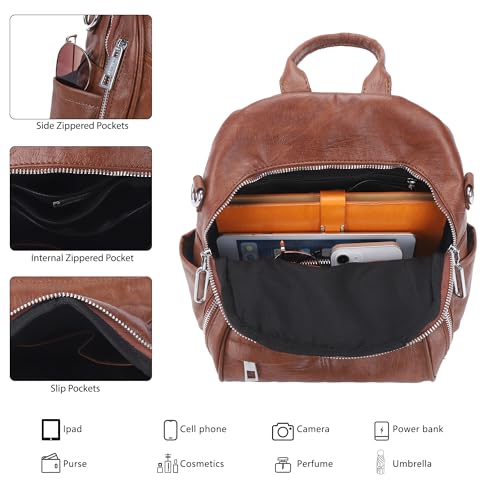 Image of Angel Kiss Small Backpack Purse for Women,Soft Vegan Leather Roomy Backpacks,Designer Ladies Shoulder Backpack Fashion Handbag with Removable Strap,Brown