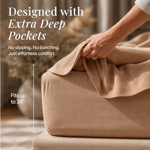 Image of Tribeca Living Triple Brushed Soft Cotton Flannel Sheets Set, Full Size 170-GSM Weight Extra Deep Pocket Sheet in Solid Cashmere Color