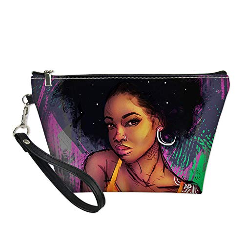 Freewander Portable Cosmetic Bag Waterproof Makeup Bag Large Capacity PU Leather Travel Case Zipper Clutch Birthday Gift (African Girl 4)