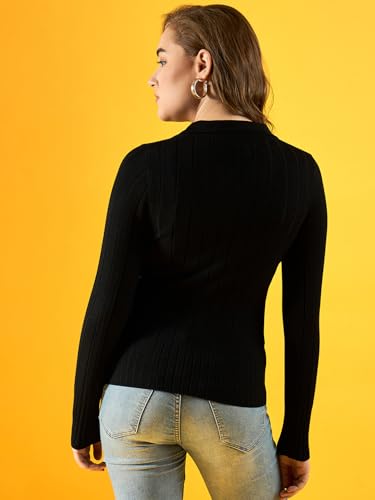 Image of 98 Degree Women Pure Cotton Collar Neck Sweater Has A Full Sleeve & Straight Hem-AW25AZG1154-BLACK
