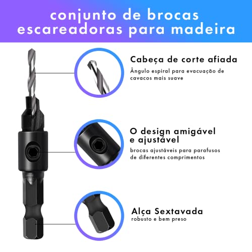 Kit Brocas Escaredoras - Jogo com 5 Pcs Para Furadeira Escareador Sextavado - para madeira Conjunto