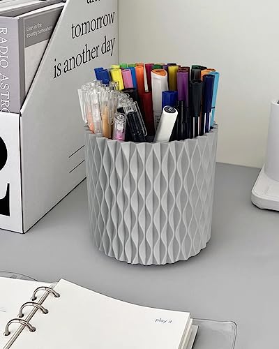 Image of Lebenrich Rotating Pen Pencil Holder for Desk, 5 Slots Unique Grey Desk Pen Organizer Easthetic Desktop Supplies and Accessories for Women Girls, Pen Cup Pencil Caddy for Office Home Art Supply