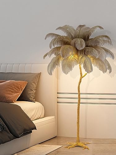 Lámpara de pie con 3 colores LED y 35 plumas de avestruz decorativas