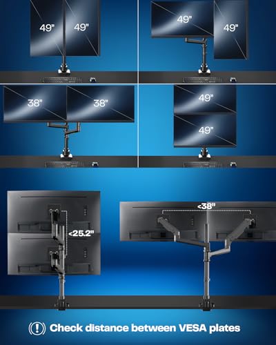 Image of VIVO Pneumatic Arm Dual Ultrawide Monitor Extra Tall Desk Mount for Up to 49 inch Screens, Heavy Duty Clamp, Holds 2 Ultra Wides Up to 44 lbs, Black, STAND-V120K