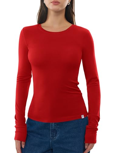 Image of Women's Merino Wool Blend Shirts Long Sleeve Tops Crew Neck Fitted Basic Tee Cozy Embrace Collection
