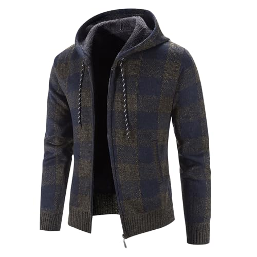 Mens Thick Crochet Plaid Warm Fuzzy Hooded Knit Cardigan Hoodies Shacket Outfits for Mens Sleeve Sweater Outfits2