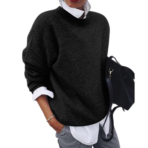 Suéter Suave Y Cálido, Suéteres De Otoño para Mujer, Suéter De Punto con Cuello Redondo Y Solapa, Camisa Informal Suave con Bloques De Color Y Manga Larga (Negro,L)