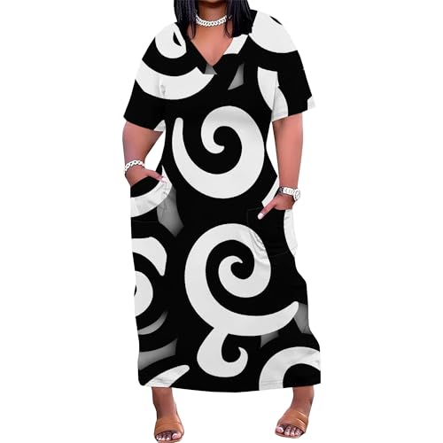 Image of Plus Size Maxi Dress for Women Short Sleeve V Neck Casual Loose Sundress with Pockets