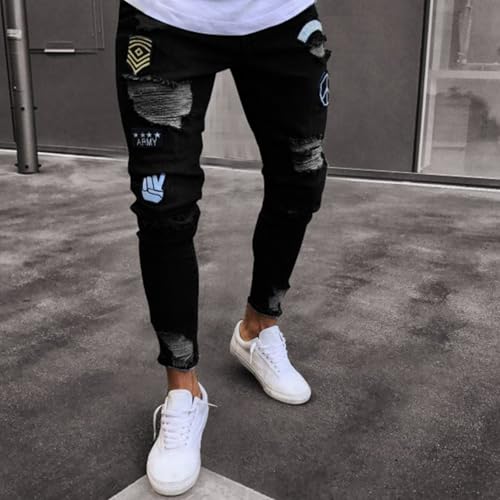 Jeans Pants Trousers Denim Street Trendy Knee Piercing Embroidered Zipper Slimming Commuter Small Leg for Men2
