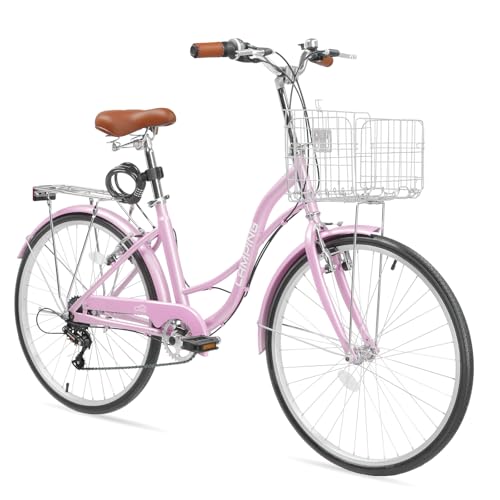 Ktaxon Women Bike 24/26 Inch Bicycles for Women, Beach Cruiser Bike with Premium Derailleur & Shift Lever, Adjustable Seat, High-Carbon Steel Frame and Excellent Welding Technology (24' Rosy Pink)