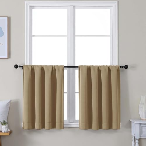 Image of Simplebrand Ava Taupe Short 24 Inches Blackout Curtain 2 Panels Set, Half Window Rod Pocket Privacy Curtain Tiers for Kitchen, Curtains Blackout for Bathroom Shades, W30 x L24 Inch, Taupe