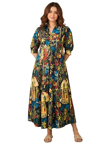 Image of Leriya Fashion Dress for Woman Rayon Printed Maxi Dress | V Neck Half Sleeve Flared Casual & Party Look Long Dress