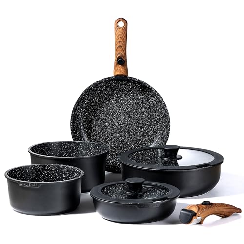 Royal Swiss 9 Piece Induction Cookware Set - 2 Removable Handles - Saucepan Set with Lid for All Heat Sources - Black - PFAS-Free Pans and Pans (Black, 9)