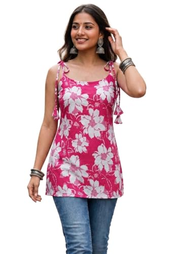 Image of Women's Cotton Floral Printed Short Kurti - Sleeveless Tie-Up Shoulder Casual Summer Tunic Top - Soft & Breathable Floral Kurti