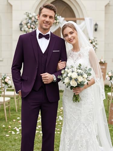 Image of WEEN CHARM Men's 3-Piece Slim Fit Suit Set-2-Button Blazer,Vest & Pants-Formal Wedding,Prom,Party & Business Tuxedo