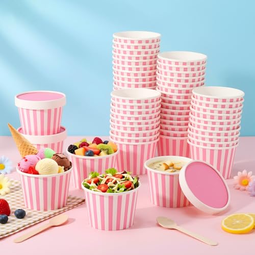 Image of Fulmoon 8 oz 100 Pack Paper Containers with Lids Soup Bowl Cup, Pink | Disposable Ice Cream Cup, Kraft Food Containers with Vented Lid Stackable for Hot Soup Dessert Cake Fruit Microwave Takeout