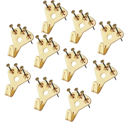 壁掛けフック 釘付き 10個入 強くて耐久性があり 耐腐食性と防錆性があります 取り付け簡単 石膏ボード 木壁対応 額縁展示用吊り金具 多機能フック(ゴールド)