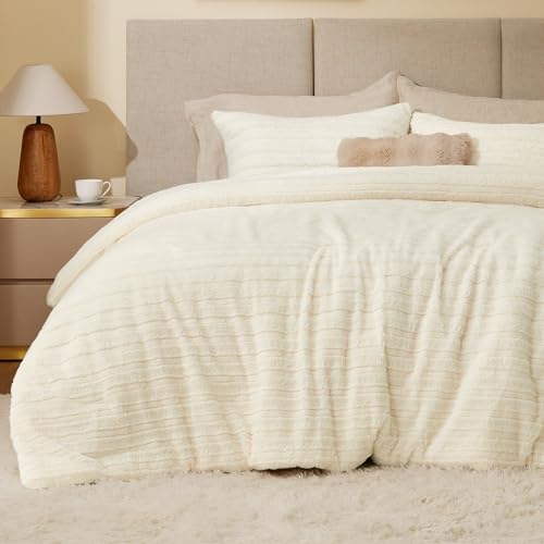 Image of BEDELITE Fleece Twin Comforter Set -Super Soft & Warm Fluffy Cream White Faux Fur Bedding, Luxury Fuzzy Heavy Bed Set for Winter with 1 Pillow case