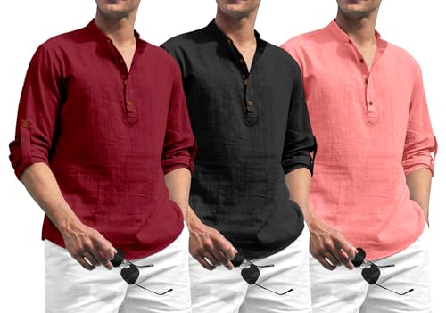 Image of Zombom Combo of Men's Solid Cotton Polyester Blend Full Sleeve Mandarin /Chinese Collor Straight Kurta Shirt (Pack of 3)