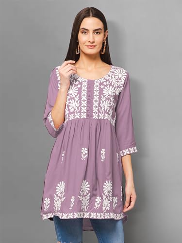 Image of Winza Designer Rayon Chikankari Embroidered Short Kurti | Plus Size Kurta Tunic Top