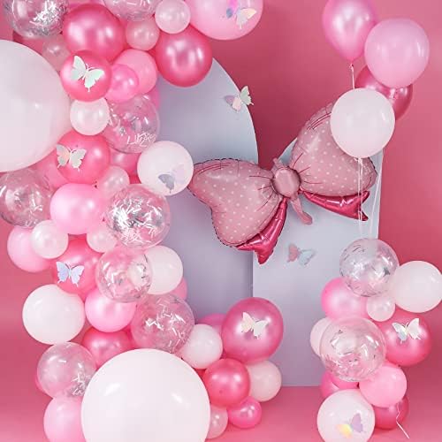 PartyWoo Pink Balloons, 100 pcs Pack of Pink Balloons, Pastel Pink Balloons, Silver Glitter Balloons, White Balloons, Bow Tie Foil Balloon and Laser Butterflies for Girl Baby Shower, Girl Birthday