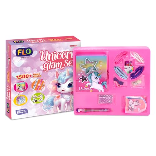 Image of FLO Unicorn Glam Craft Set- 1500+ Pcs Jewelry & Craft Kit for Girls | Diary with Secret Storage, Coin Pouch Keychain, Colored Clay Beads,Unicorn Charms,DIY Bracelet Necklace Making Kit for Kids