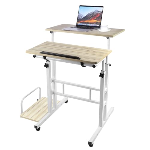 homewell Escritorio de pie con 6 ruedas y bandeja para anfitrión, asiento de pie, mesa de oficina, mesa de ordenador, altura regulable, mesa de ordenador pequeña para oficina en casa, (60 + 22) x 60