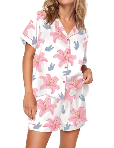 Image of SHESHOW Satin Pajamas for Women Set Preppy Animals Pjs Short Sleeve Shorts 2 Piece Loungewear Sets XS-XXL