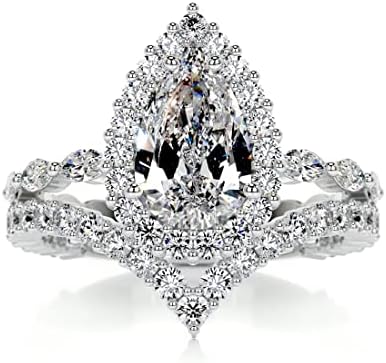 2 CT Pear Moissanite Bridal Ring Set Engagement Wedding Rings for Women Diamond Halo Band Pave Eternity Dainty Silver 10K 14K 18K Solid Gold Anniversary Promise Gift for Her (sterling-silver)