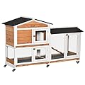 PawHut Two-Tier Rabbit Hutch Outdoor and Run Wooden Mobile Guinea Pig Hutch Bunny Cage w/Wheels, Run, Slide-Out Tray, Ramp 157.4 x 53 x 99.5 cm