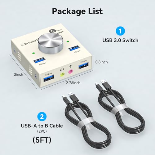 Image of USB 3.0 Switch 2 Computers Sharing USB A & 3.5mm Wired Headset Devices, 4 Port USB Switcher for Keyboard and Mouse, Printer /Scanner with 2 USB3.0 Cables, Grey