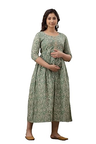 Image of The Moon Star Women's Cotton Floral Printed Anarkali Maternity Feeding Kurti | Breastfeeding Dress for Mothers | Zipper Feeding Kurti, Nursing Kurti, Comfortable and Trendy Maternity Wear