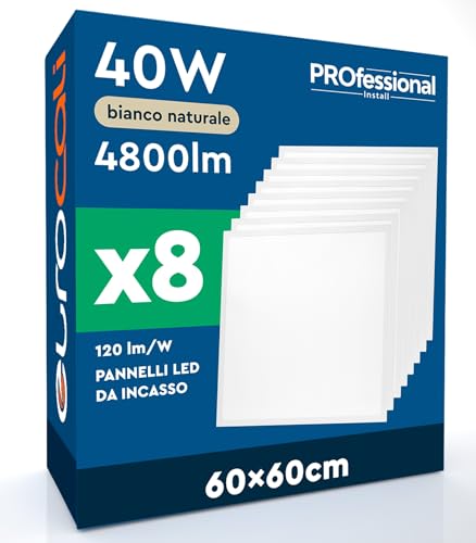 8 Pannelli LED 60x60 40W Quadrati da Incasso 4800 lumen con Driver Philips - Luce Naturale 4000K - Plafoniera da Ufficio ad Alta Luminosità 120 lm/W Lampada Bianca per Controsoffitti Modulari