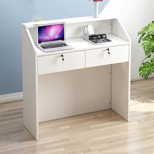 Moderno escritorio de recepción con cajón con cerradura para salón, vestíbulo, oficina, color blanco, 80 cm, simple mostrador de cajero con encimera frontal, muebles elegantes para sala de recepción