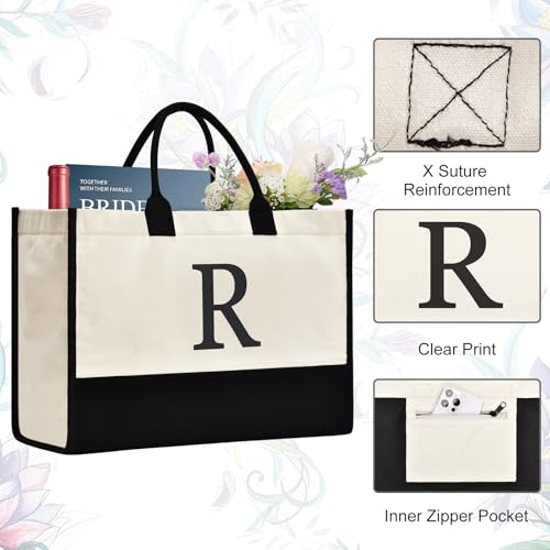Image of GASSDA Initial Canvas Tote Bag Birthdays Gift for Women Mom Teacher Friend Bridesmaid,Custom for Wedding Beach Holidays