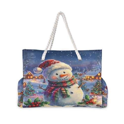 Large Beach Bags Totes Canvas Tote Shoulder Bag Snowman Christmas Tree at Night Water Resistant Bags for Gym Travel Daily2