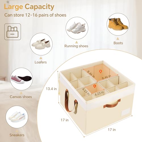 Criusia Shoe Organizer for Closet, 2 Pack Foldable Shoe Storage Organizer Box Bin with Adjustable Dividers and Clear Cover, Closet Shoe Storage for Sneakers Sandals Boots, Fit 16-32 Pairs, Beige - Image 4